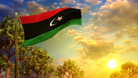 Waving flag of Libya at sundown for anthem day - abstract 3D illustration 스톡 일러스트