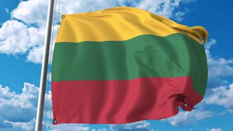 Waving flag of Lithuania on sky background. 3D rendering Stock Illustration