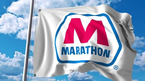 Waving flag with Marathon Petroleum logo. 4K editorial animation Stock Footage