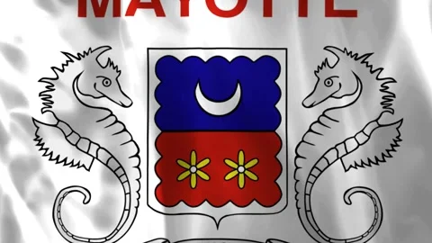 Waving flag of Mayotte featuring the coat of arms with seahorses and a cres.. Video stock 343583021
