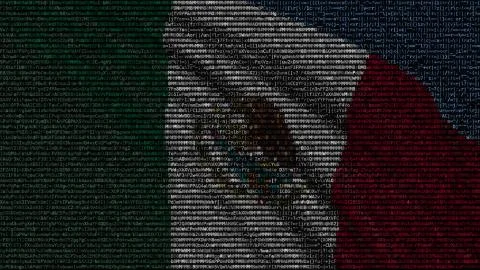 Waving flag of Mexico made of text symbols on a computer screen. Conceptual 3D Stock Illustration