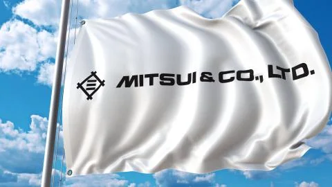 Waving flag with Mitsui logo against sky and clouds. Editorial 3D rendering Stockillustratie