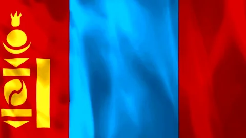 Waving flag of Mongolia featuring red and blue stripes with yellow soyombo .. Видео 343583070