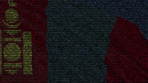 Waving flag of Mongolia made of text symbols on a computer screen. Conceptual 3D Stock Illustration
