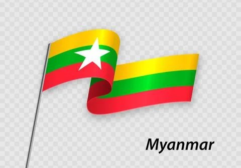 Waving flag of Myanmar on flagpole. Template for independence day Stock Illustration