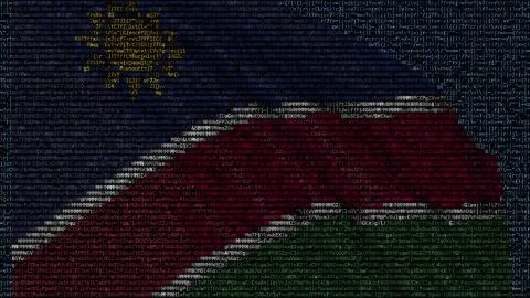 Waving flag of Namibia made of text symbols on a computer screen. Conceptual 3D Stockillustratie