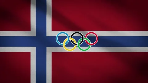 Waving flag of Norway with five-ringed symbol of the Olympic Games - Stock Footage 155093784