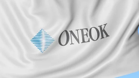 Waving flag with ONEOK logo. Seamles loop 4K editorial animation Stock Footage
