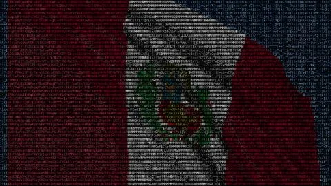 Waving flag of Peru made of text symbols on a computer screen. Conceptual 3D Illustrazione stock