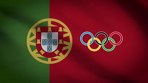 Waving flag of Portugal with five-ringed symbol of the Olympic Games - Vídeo Stock 155093742