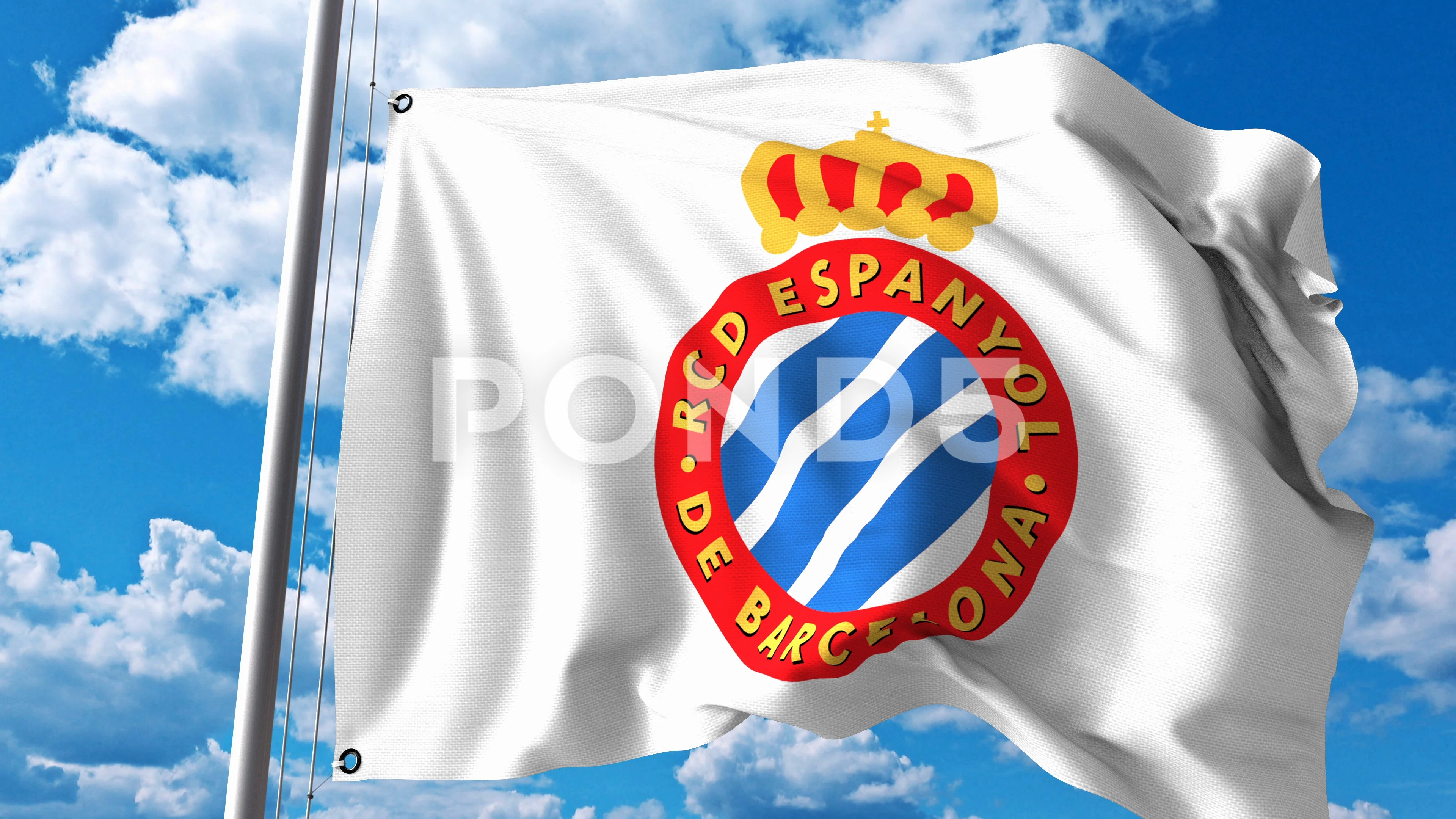 Close-up of Waving Flag with RCD Espanyol Football Club Logo, 3D