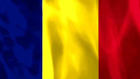 Waving flag of Romania with soft fabric texture and ripples in blue yellow .. Video stock 343583218