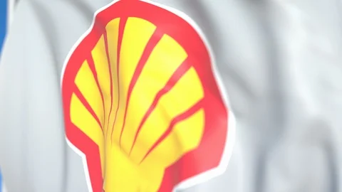 Waving flag with Royal Dutch Shell plc logo, close-up. Editorial loopable 3D Stock Footage 110824452