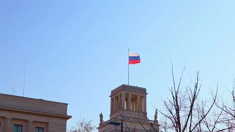 The Waving Flag Of The Russian Federation On The Embassy Building in Berlin Stock Footage 185538366