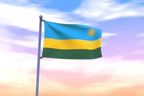 Waving flag of Rwanda on a flag pole with the cloudy sky on the background Stock Illustration