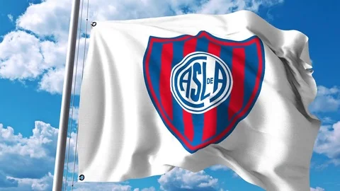 Waving flag with San Lorenzo de Almagro football club logo. 4K editorial clip Stock Footage
