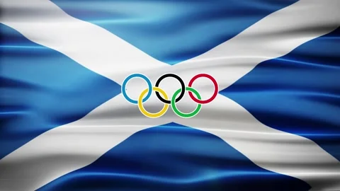 Waving flag of Scotland with five-ringed symbol of the Olympic Games - Stock Footage 155093537