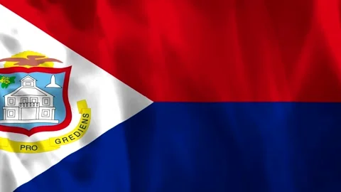 Waving flag of Sint Maarten featuring the national coat of arms against a s.. Stock Footage 343583387