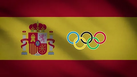 Waving flag of Spain with five-ringed symbol of the Olympic Games - Vídeo Stock 155093567