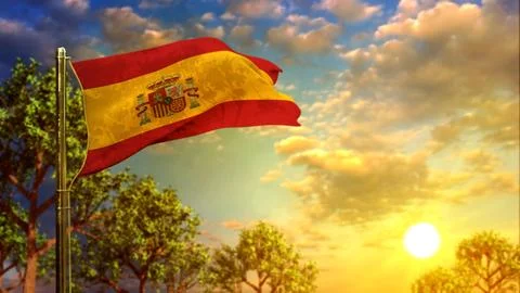 Waving flag of Spain at sundown for any holiday - abstract 3D illustration Stock Illustration