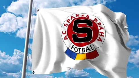 Waving flag with Sparta Prague football club logo. 4K editorial clip Stock Footage