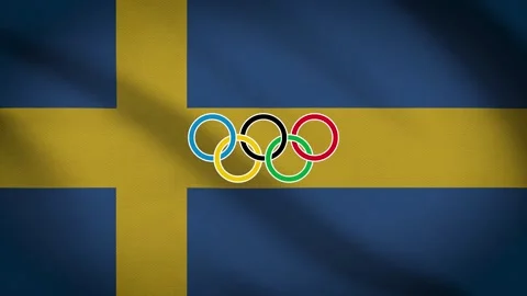 Waving flag of Sweden with five-ringed symbol of the Olympic Games - Vídeo Stock 155093435