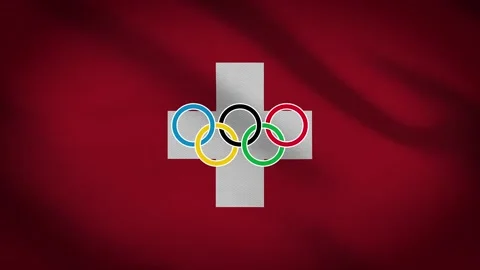 Waving flag of Switzerland with five-ringed symbol of the Olympic Games - Vídeo Stock 155093259