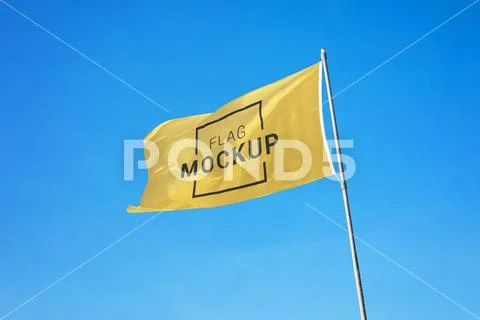 Waving flag template. Blank flag on flagpole mockup PSD Template