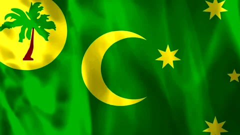 Waving flag of the Territory of Cocos Keeling Islands with silk texture Stock Footage 343583797
