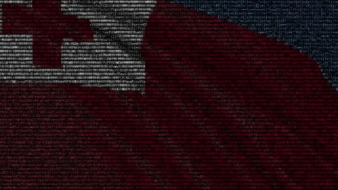 Waving flag of Tonga made of text symbols on a computer screen. Conceptual 3D イラスト素材