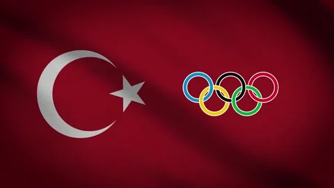 Waving flag of Turkey with five-ringed symbol of the Olympic Games - Stock Footage 155093603