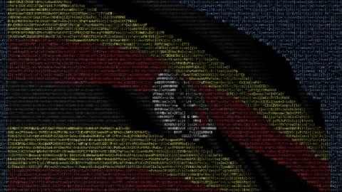 Waving flag of Uganda made of text symbols on a computer screen. Conceptual 3D Illustrazione stock