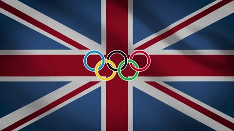 Waving flag of the United Kingdom with five-ringed symbol of the Olympic Stock Footage 155093432