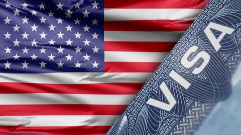 A waving flag with a US flag and an immigration tourist visitor visa. Stock Footage 122901864