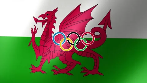 Waving flag of Wales with five-ringed symbol of the Olympic Games - Stock Footage 155093661