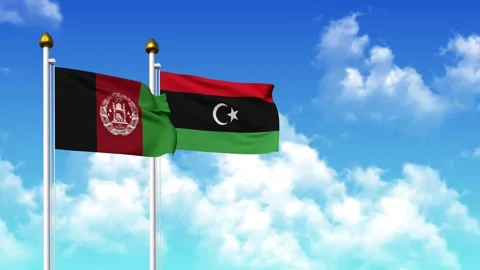 Waving flags of AFGHANISTAN and LIBYA on pole included with alpha channel Stock Footage 308777943