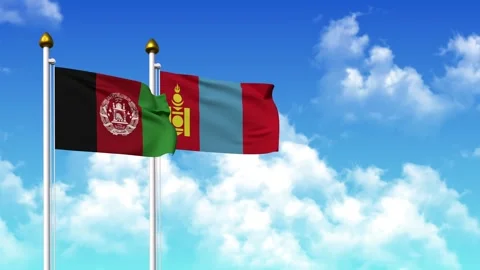 Waving flags of AFGHANISTAN and MONGOLIA on pole included with alpha channel Stock Footage 308778569