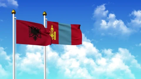 Waving flags of ALBANIA and MONGOLIA on pole included with alpha channel Stock Footage 309367536