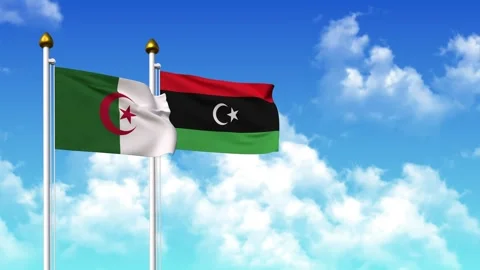 Waving flags of ALGERIA and LIBYA on pole included with alpha channel Stock Footage 309979601