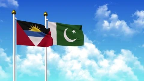 Waving flags of ANTIGUA AND BARBUDA and PAKISTAN on pole included with alpha Stock Footage 325360481