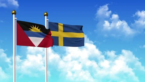 Waving flags of ANTIGUA AND BARBUDA and SWEDEN on pole included with alpha Stock Footage 325360950