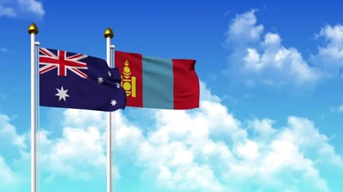 Waving flags of AUSTRALIA and MONGOLIA on pole included with alpha Stock Footage 328800233