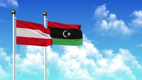 Waving flags of AUSTRIA and LIBYA on pole included with alpha Stock Footage 330042095
