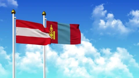 Waving flags of AUSTRIA and MONGOLIA on pole included with alpha Stock Footage 330042481