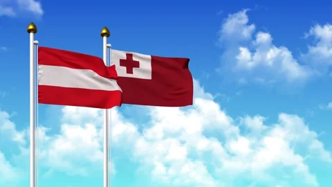 Waving flags of AUSTRIA and TONGA on pole included with alpha Stock Footage 330044243