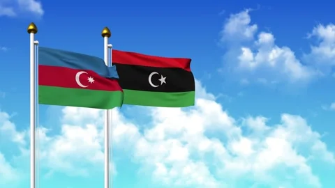 Waving flags of AZERBAIJAN and LIBYA on pole included with alpha Stock Footage 330927604