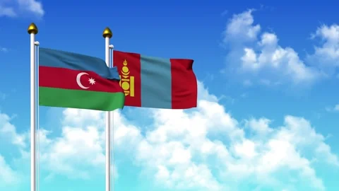 Waving flags of AZERBAIJAN and MONGOLIA on pole included with alpha Stock Footage 330928228