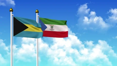 Waving flags of BAHAMAS and EQUATORIAL GUINEA on pole included with alpha Stock Footage 332757884