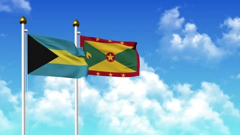 Waving flags of BAHAMAS and GRENADA on pole included with alpha Stock Footage 332758215