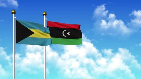 Waving flags of BAHAMAS and LIBYA on pole included with alpha Stock Footage 332760790